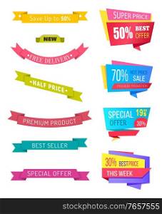 Set of ribbons and promo banners with sale and discounts offers from shops and stores. Shopping with reduced prices and low costs. Collection of isolated stripes with proposal, vector in flat style. Discounts and Coupons, Promo Banners Sale Set