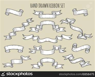 Set of ribbons drawn in engraving style. Vintage engraving elements for menu, poster, web and label. Hand drawn vector illustration isolated on white.