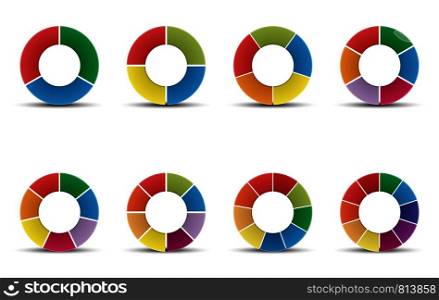 set of Ring diagrams. Pie charts with 3, 4, 5, 6, 7, 8, 9 and 10 segments of infographics. Business data visualization