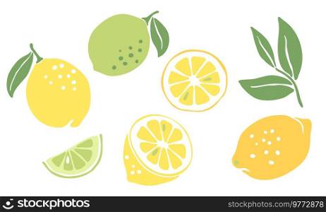 Set of ripe lemons and limes. Decorative stylized fruits and leaves.. Set of ripe lemons and limes. Decorative fruits and leaves.