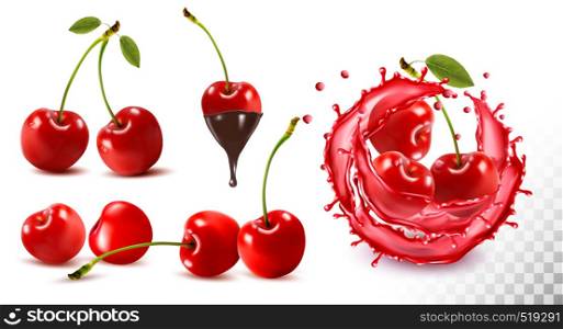 Set of ripe sweet cherries with leaves and splash of juice. Vector.