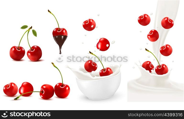 Set of ripe sweet cherries with leaves and splash of milk. Vector.
