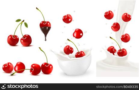 Set of ripe sweet cherries with leaves and splash of milk. Vector.