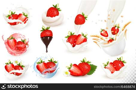 Set of ripe sweet strawberry with leaves and splash of milk and juce. Vector.