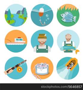 Set of river fisherman boat rod icons in flat style on circles vector illustration