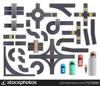 Set of road parts with roadside and marking including intersections, junctions, crosswalks, bridges, vehicles isolated vector illustration. Road Parts Vehicles Set