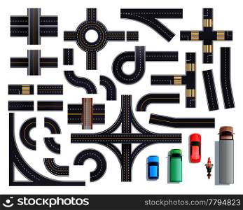 Set of road parts with roadside and marking including intersections, junctions, crosswalks, bridges, vehicles isolated vector illustration. Road Parts Vehicles Set
