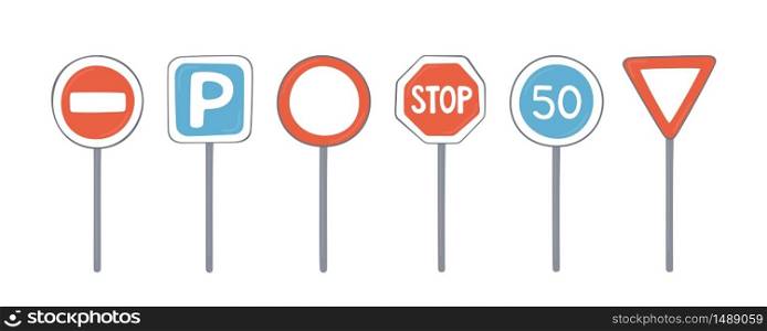 Set of road signs on poles. Traffic symbols of parking, stop, speed and limitations in cartoon and flat style on white background. Set of road signs on poles. Traffic symbols