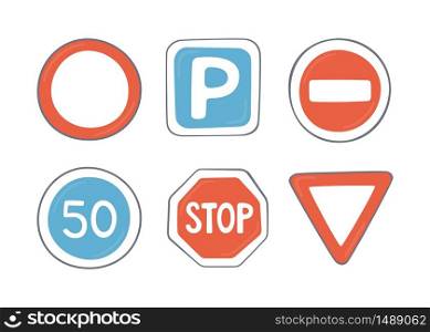 Set of road signs. Traffic symbols of parking, stop, speed and limitations in cartoon and flat style on white background. Set of road signs. Traffic symbols