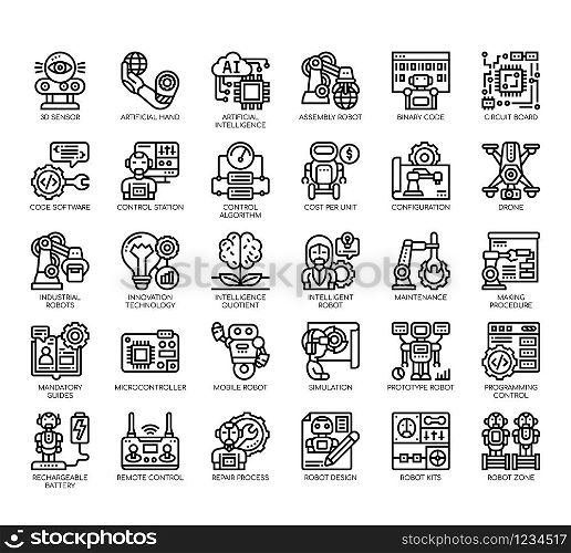 Set of robotics engineering thin line and pixel perfect icons for any web and app project.