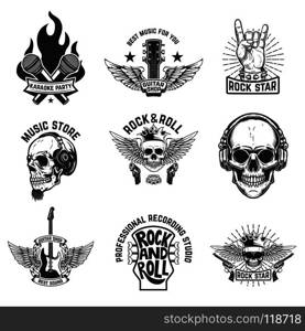 Set of rock music emblems isolated on white background. Design element for logo, label, emblem, sign, poster, t shirt. Vector illustration