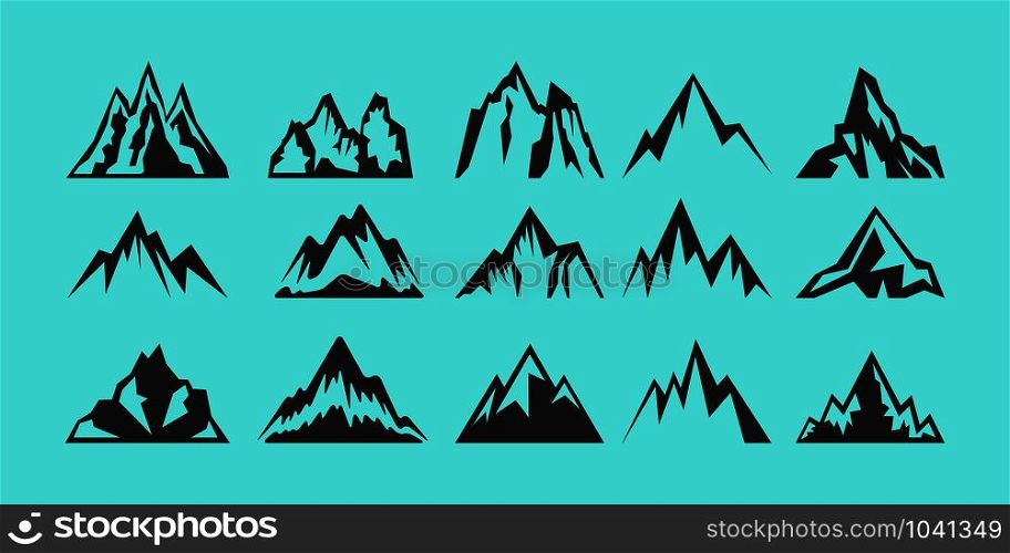 Set of rocks and mountains silhouettes for logo, icons, badges, and labels. Camping, climbing, hiking, travel and outdoor recreation sign, symbol. Vector illustration.. Set of rocks and mountains silhouettes for logo, icons, badges, and labels. Camping, climbing, hiking, travel and outdoor recreation sign, symbol. Vector illustratio