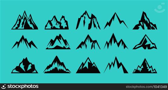 Set of rocks and mountains silhouettes for logo, icons, badges, and labels. Camping, climbing, hiking, travel and outdoor recreation sign, symbol. Vector illustration.. Set of rocks and mountains silhouettes for logo, icons, badges, and labels. Camping, climbing, hiking, travel and outdoor recreation sign, symbol. Vector illustratio