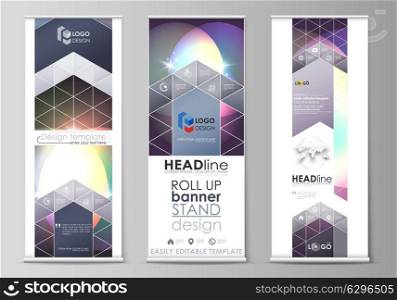 Set of roll up banner stands, abstract geometric style templates, business concept, corporate vertical vector flyers, flag layouts. Mystical Sci-Fi background. Futuristic trendy design.. Set of roll up banner stands, flat design templates, abstract geometric style, modern business concept, corporate vertical vector flyers, flag layouts. Retro style, mystical Sci-Fi background. Futuristic trendy design.