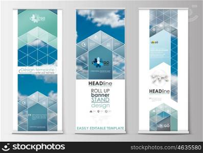 Set of roll up banner stands, blue flat design templates, abstract geometric style, modern business concept, corporate vertical vector flyers, flag-banner layouts