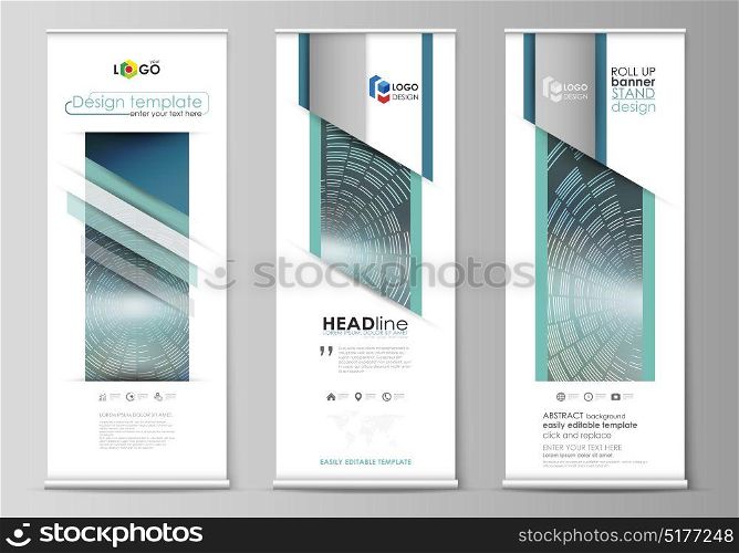 Set of roll up banner stands, flat design templates, abstract business concept, corporate vertical vector flyers, flag layouts. Technology background in geometric style made from circles. Set of roll up banner stands, flat design templates, abstract business concept, corporate vertical vector flyers, flag layouts. Technology background in geometric style made from circles.