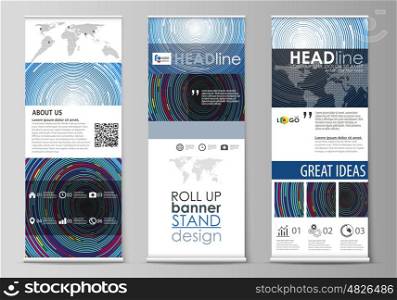 Set of roll up banner stands, flat design templates, abstract geometric minimalist style, modern business concept, corporate vertical vector flyers, flag layouts. Blue color background made from colorful circles.