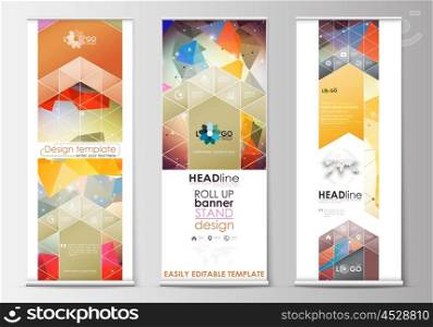 Set of roll up banner stands, flat design templates, abstract geometric style, modern business concept, corporate vertical vector flyers, flag banner layouts. Abstract colorful triangle design vector background with polygonal molecules.