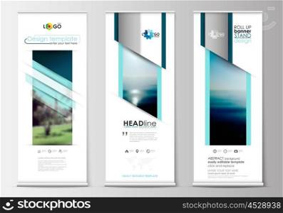 Set of roll up banner stands, flat design templates, abstract geometric style, modern business concept, corporate vertical vector flyers, flag banner layouts. Blue color travel decoration layout, easy editable template, colorful blurred natural landscape.