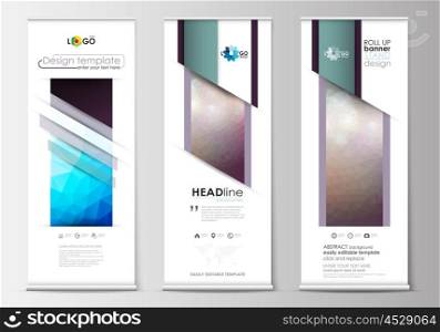 Set of roll up banner stands, flat design templates, abstract geometric style, modern business concept, corporate vertical vector flyers, flag banner layouts. Abstract triangles, blue triangular background, colorful polygonal pattern.