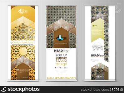 Set of roll up banner stands, flat design templates, abstract geometric style, modern business concept, corporate vertical vector flyers, flag banner layouts. Islamic gold pattern, overlapping geometric shapes forming abstract ornament. Vector golden texture.