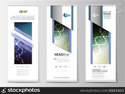 Set of roll up banner stands, flat design templates, abstract geometric style, modern business concept, corporate vertical vector flyers, flag banner layouts. DNA molecule structure, science background. Scientific research, medical technology.