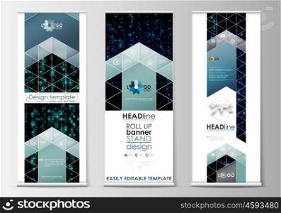 Set of roll up banner stands, flat design templates, abstract geometric style, modern business concept, corporate vertical vector flyers, flag banner layouts. Virtual reality, color code streams glowing on screen, abstract technology background with symbols.