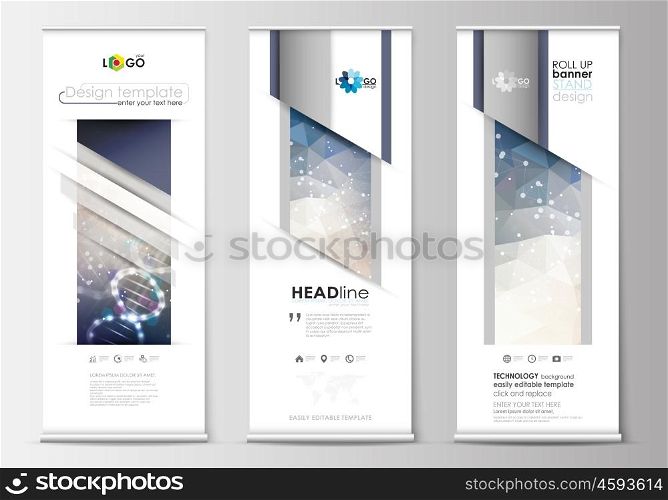 Set of roll up banner stands, flat design templates, abstract geometric style, modern business concept, corporate vertical vector flyers, flag banner layouts. DNA molecule structure on blue background. Scientific research, medical technology.