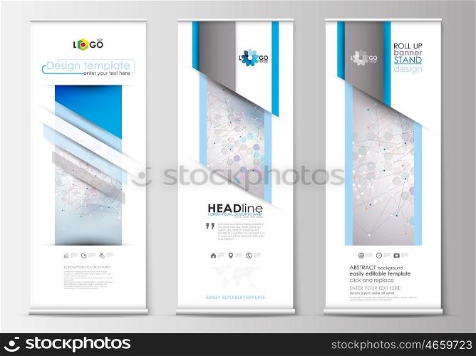 Set of roll up banner stands, flat design templates, abstract geometric style, modern business concept, corporate vertical vector flyers, flag banner layouts. Molecule structure on blue. Science healthcare background, medical vector.