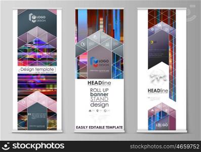 Set of roll up banner stands, flat design templates, abstract geometric style, modern business concept, corporate vertical vector flyers, flag banner layouts. Glitched background made of colorful pixel mosaic. Digital decay, signal error, television fail. Trendy glitch backdrop.