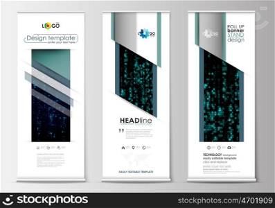Set of roll up banner stands, flat design templates, abstract geometric style, modern business concept, corporate vertical vector flyers, flag banner layouts. Virtual reality, color code streams glowing on screen, abstract technology background with symbols.