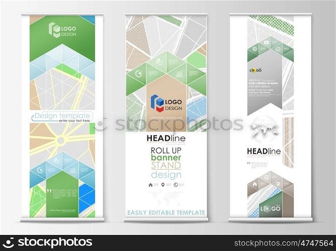 Set of roll up banner stands, flat design templates, abstract geometric style, modern business concept, corporate vertical vector flyers, flag banner layouts. City map with streets. Flat design template for tourism businesses, abstract vector illustration.