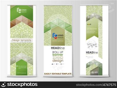 Set of roll up banner stands, flat design templates, abstract geometric style, modern business concept, corporate vertical vector flyers, flag banner layouts. Green color background with leaves. Spa concept in linear style. Vector decoration.
