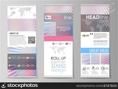 Set of roll up banner stands, flat design templates, abstract geometric style, modern business concept, corporate vertical vector flyers, flag layouts. Sweet pink and blue decoration, pretty romantic design, cute candy background.