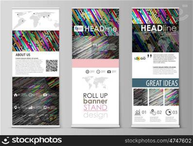 Set of roll up banner stands, flat design templates, abstract geometric style, modern business concept, corporate vertical vector flyers, flag layouts. Colorful background made of stripes. Abstract tubes and dots. Glowing multicolored texture.