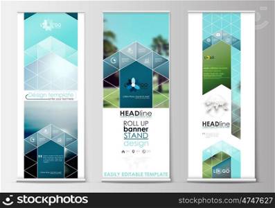 Set of roll up banner stands, flat design templates, abstract geometric style, modern business concept, corporate vertical vector flyers, flag banner layouts. Blue color travel decoration layout, easy editable template, colorful blurred natural landscape.