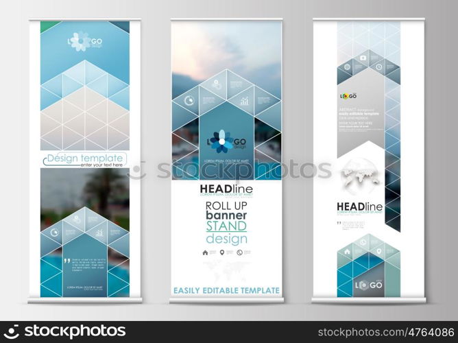 Set of roll up banner stands, flat design templates, abstract geometric style, modern business concept, corporate vertical vector flyers, flag banner layouts. Blue color travel decoration layout, easy editable template, colorful blurred natural landscape.