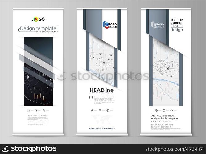 Set of roll up banner stands, flat design templates, abstract geometric style, modern business concept, corporate vertical vector flyers, flag layouts. Abstract infographic background in minimalist style made from lines, symbols, charts, diagrams and other elements.