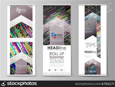 Set of roll up banner stands, flat design templates, abstract geometric style, modern business concept, corporate vertical vector flyers, flag layouts. Colorful background made of stripes. Abstract tubes and dots. Glowing multicolored texture.
