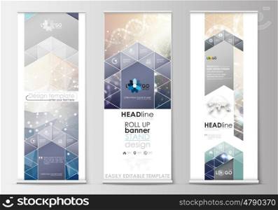 Set of roll up banner stands, flat design templates, abstract geometric style, modern business concept, corporate vertical vector flyers, flag banner layouts. DNA molecule structure on blue background. Scientific research, medical technology.