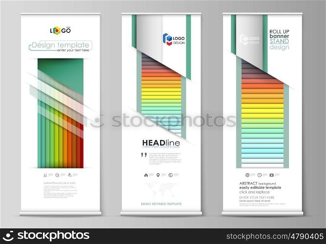 Set of roll up banner stands, flat design templates, abstract geometric style, modern business concept, corporate vertical vector flyers, flag banner layouts. Bright color rectangles, colorful design, overlapping geometric rectangular shapes forming abstract beautiful background