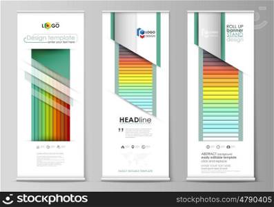 Set of roll up banner stands, flat design templates, abstract geometric style, modern business concept, corporate vertical vector flyers, flag banner layouts. Bright color rectangles, colorful design, overlapping geometric rectangular shapes forming abstract beautiful background