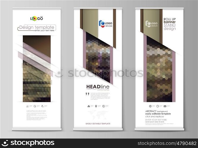 Set of roll up banner stands, flat design templates, abstract geometric style, modern business concept, corporate vertical vector flyers, flag layouts. Abstract multicolored backgrounds. Geometrical patterns. Triangular and hexagonal style.