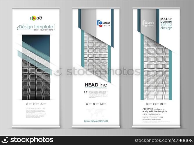 Set of roll up banner stands, flat design templates, abstract geometric style, modern business concept, corporate vertical vector flyers, flag layouts. Abstract infinity background, 3d structure with rectangles forming illusion of depth and perspective.