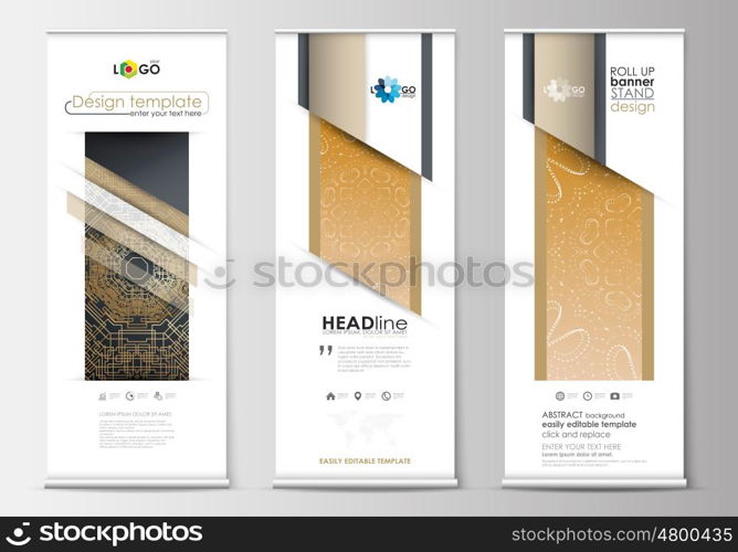Set of roll up banner stands, flat design templates, abstract geometric style, modern business concept, corporate vertical vector flyers, flag banner layouts. Golden technology background, connection structure with connecting dots and lines, science vector.