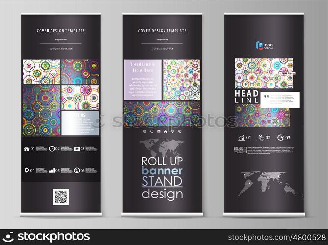Set of roll up banner stands, flat design templates, abstract geometric style, modern business concept, corporate vertical vector flyers, flag layouts. Bright color background in minimalist style made from colorful circles.