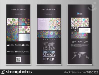 Set of roll up banner stands, flat design templates, abstract geometric style, modern business concept, corporate vertical vector flyers, flag layouts. Bright color background in minimalist style made from colorful circles.