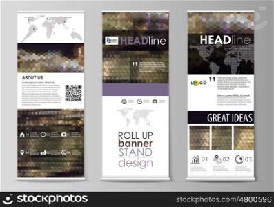 Set of roll up banner stands, flat design templates, abstract geometric style, modern business concept, corporate vertical vector flyers, flag layouts. Abstract multicolored backgrounds. Geometrical patterns. Triangular and hexagonal style.