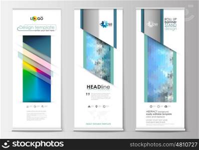 Set of roll up banner stands, flat design templates, abstract geometric style, modern business concept, corporate vertical vector flyers, flag banner layouts. Abstract triangles, blue triangular background, modern colorful polygonal vector.
