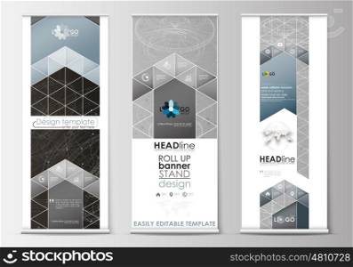 Set of roll up banner stands, flat design templates, abstract geometric style, modern business concept, corporate vertical vector flyers, flag banner layouts. Abstract 3D construction and polygonal molecules on gray background, scientific technology vector.